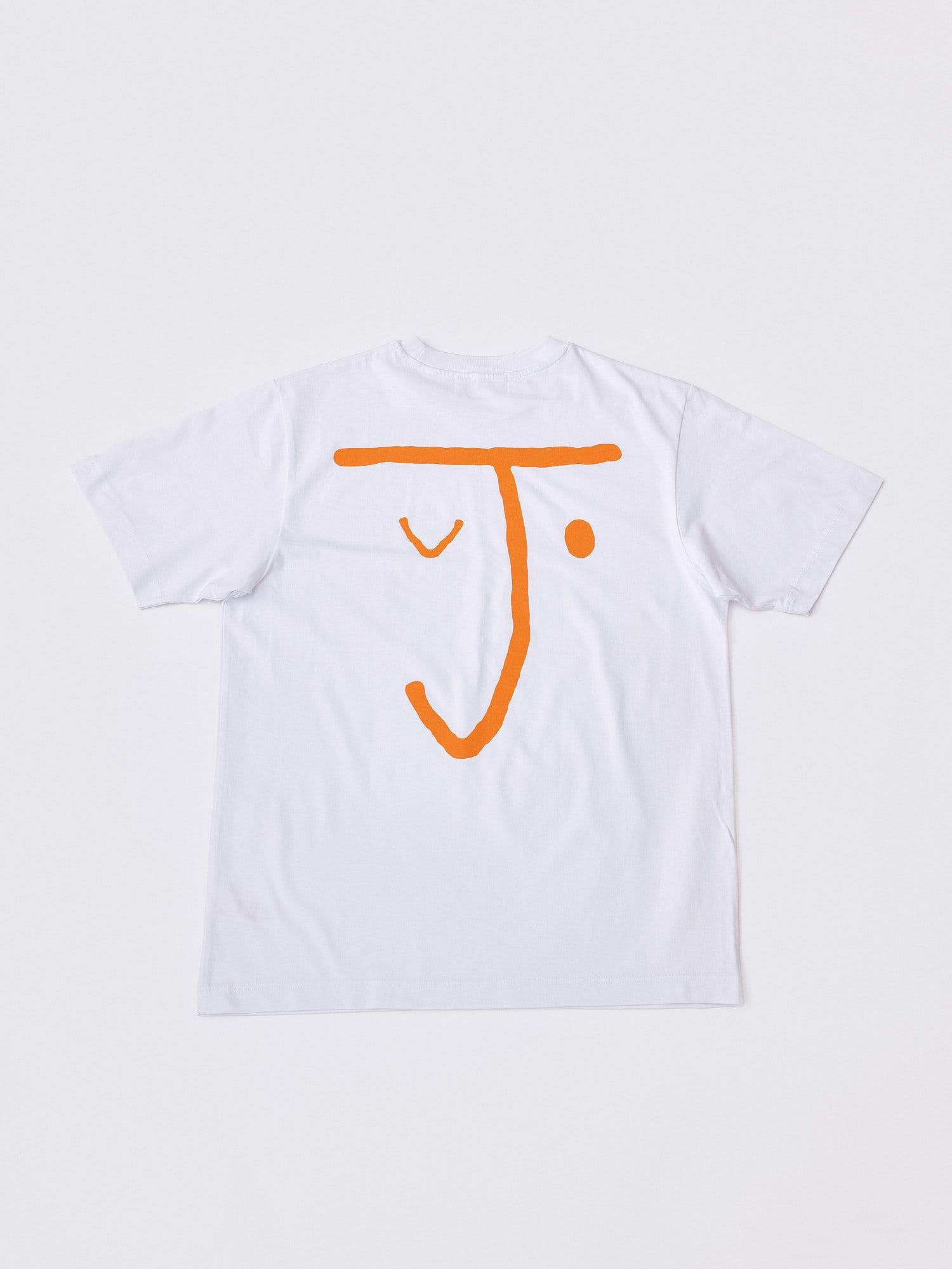 The Jolene bakery J Face short sleeve t shirt. The t shirt is white and has the J face logo in orange