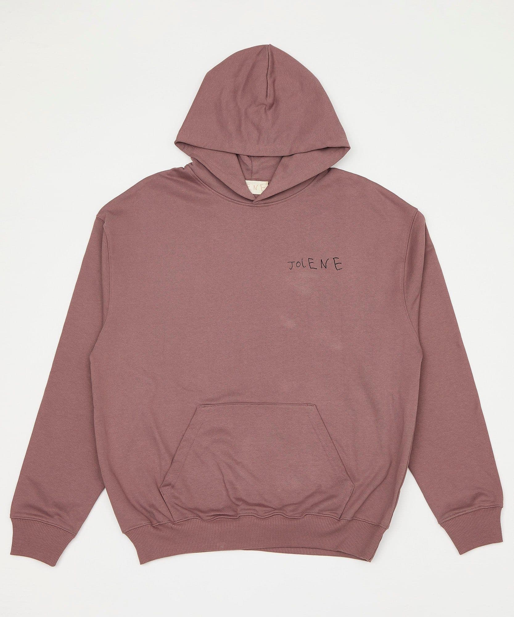 The jolene bakery J face hoodie in coffee on a white background