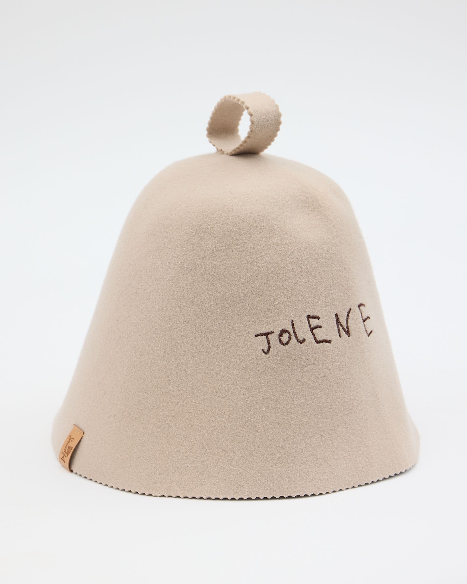 The Jolene Bakery sauna hat in stone shown on a white background