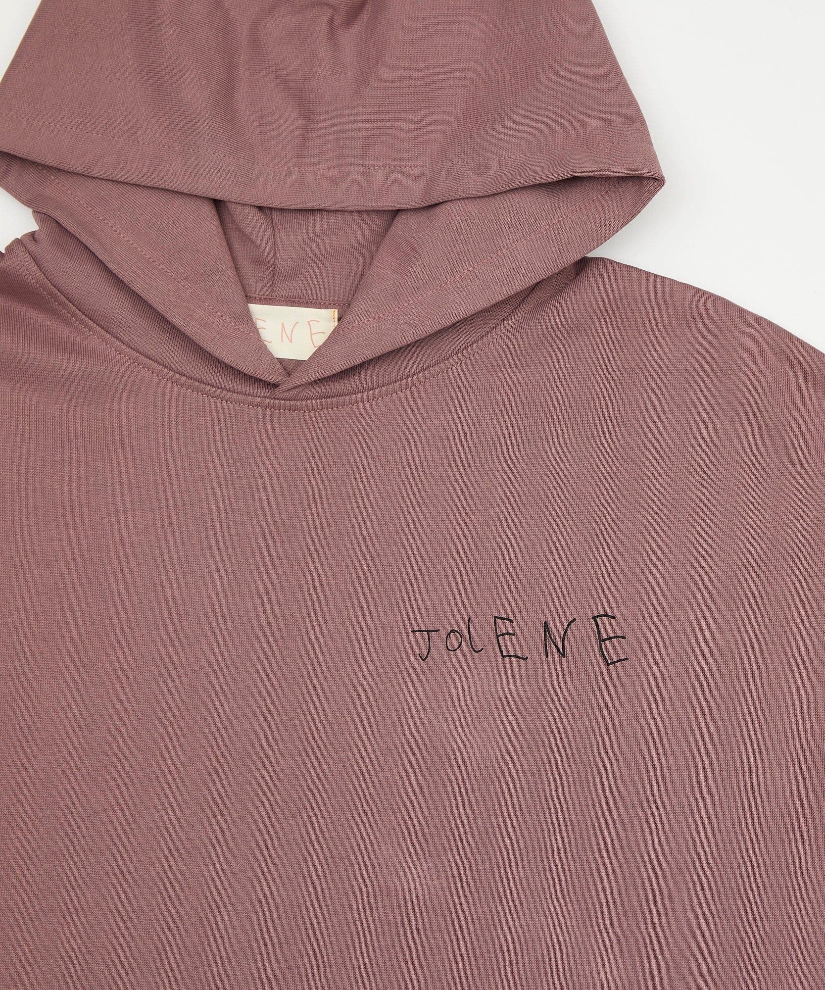 The jolene bakery J face hoodie in coffee on a white background