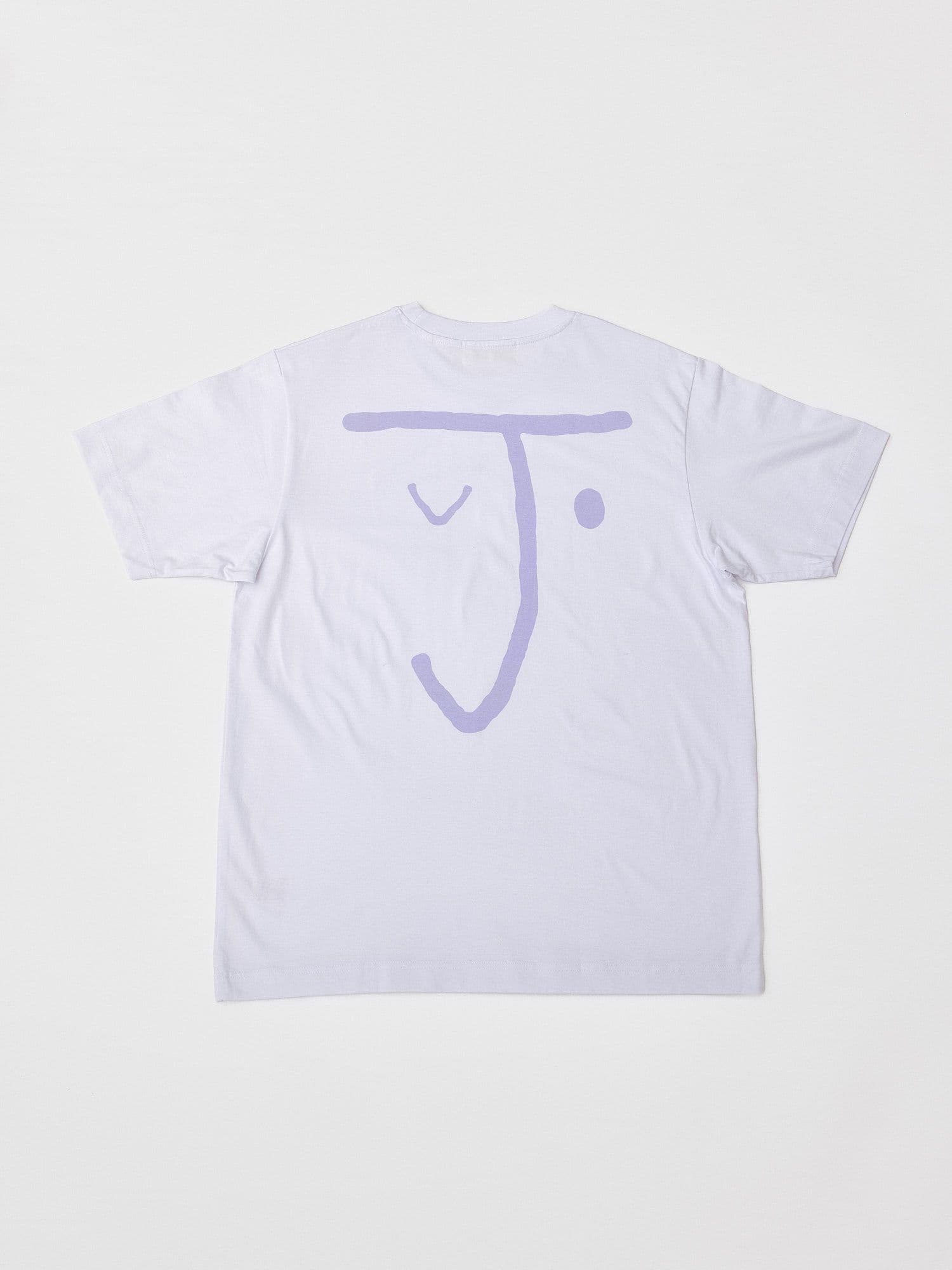 The Jolene bakery J Face short sleeve t shirt. The t shirt is white and has the J face logo in lilac