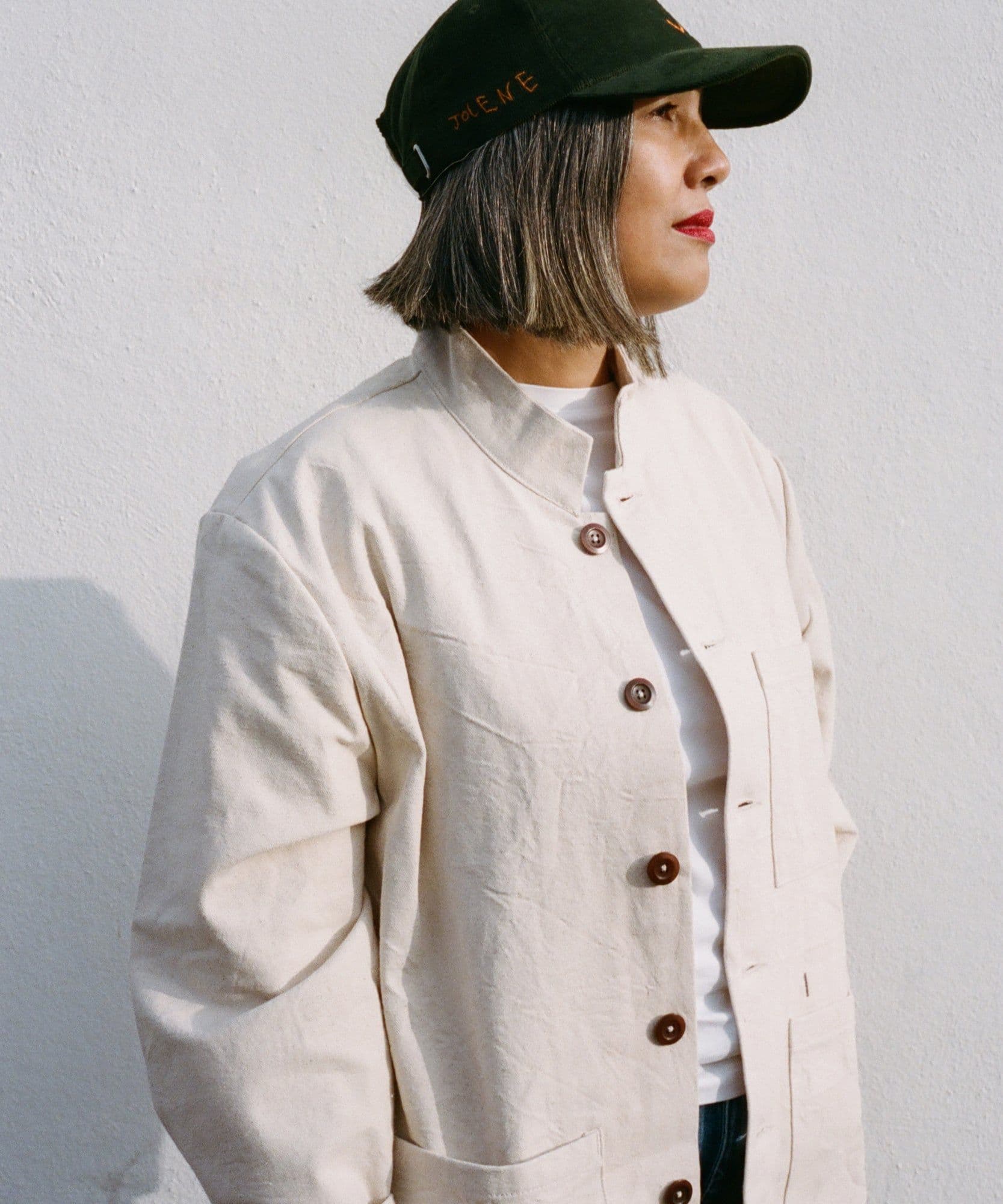 The Jolene x Venture Foreman jacket. A raw workwear jacket with buttons down the front pictured here being modelled by one of our team.