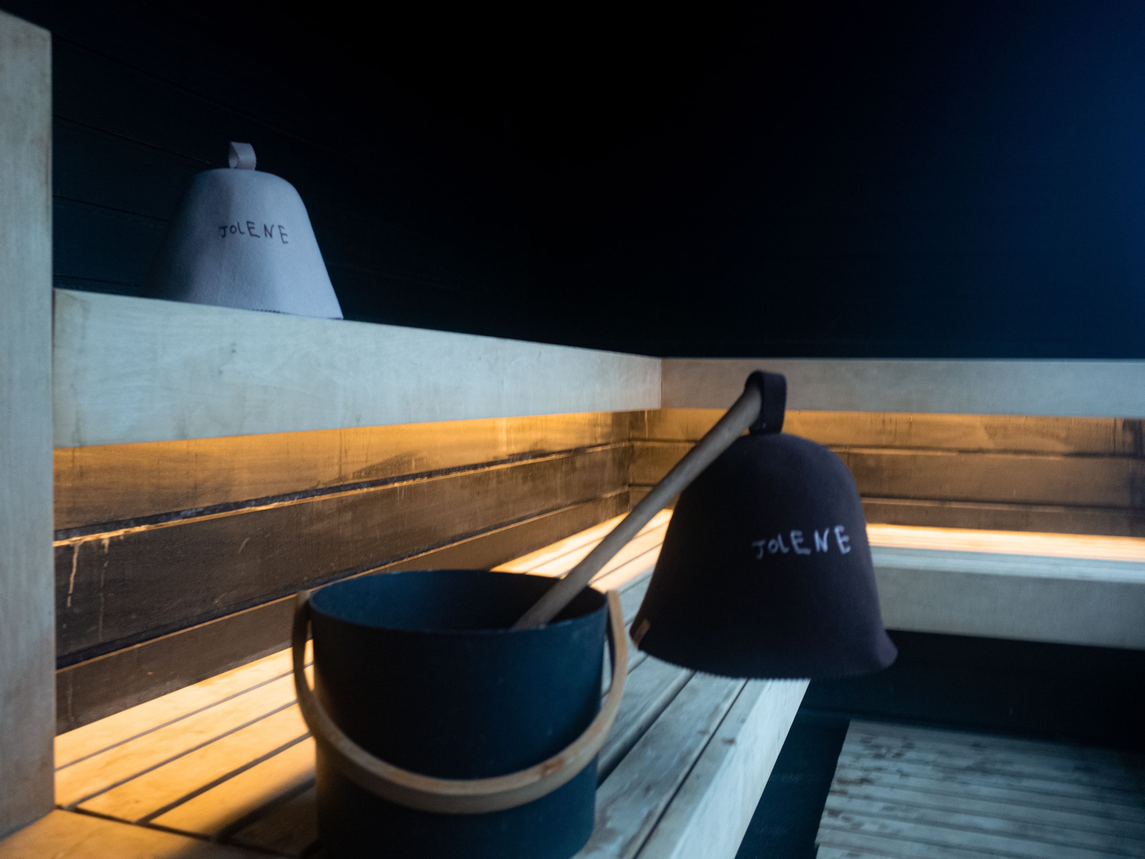 The Jolene sauna hats photographed in the Kiln Sauna down in Cornwall