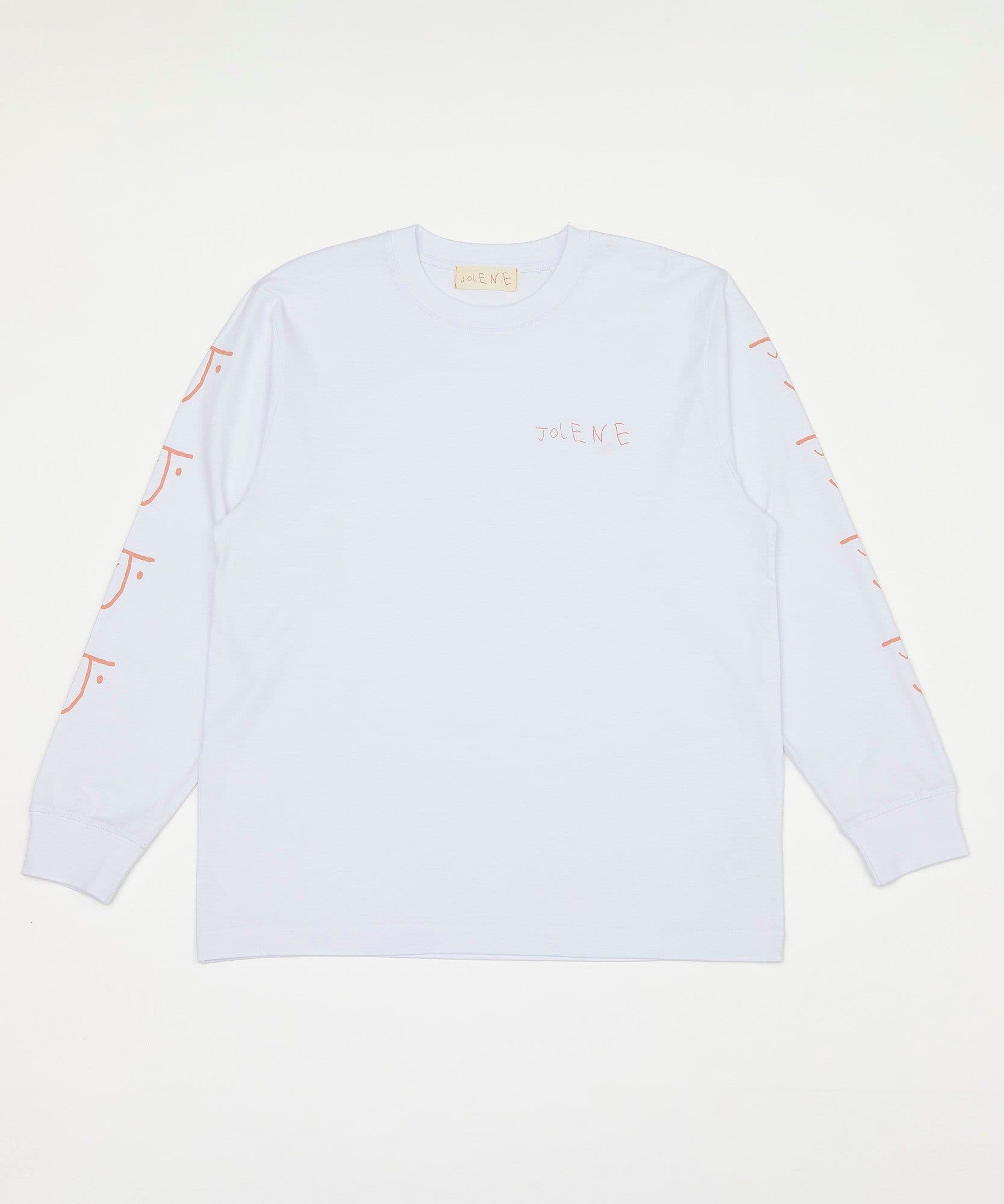 The Jolene bakery long sleeve t shirt showing the J face logo down the sleeve